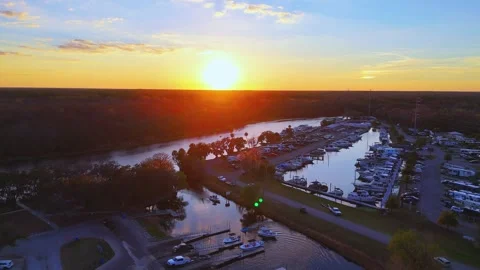 Aerial view of Crows Bluff marina at sunset, United States. Stock Footage 340632022