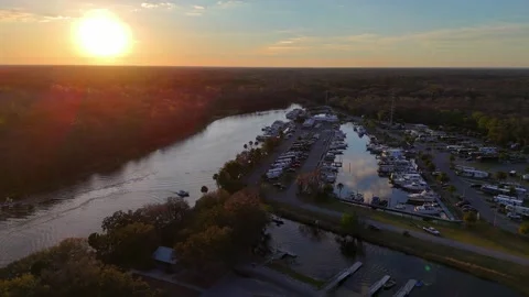 Aerial view of Crows Bluff marina at sunset, United States. Stock Footage 340632051