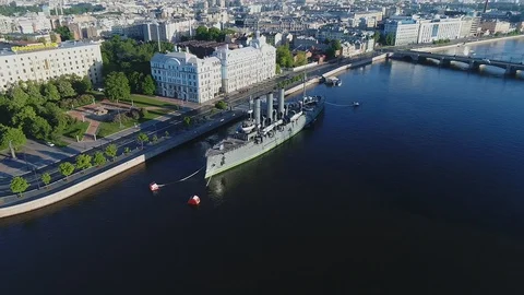 Aerial view on the cruiser Aurora on Neva river, center of Saint-Petersburg. Stock Footage 89483653