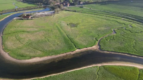 Aerial view of the Cuckmere river meanders through the Cuckmere valley Stockbeeldmateriaal 240467317
