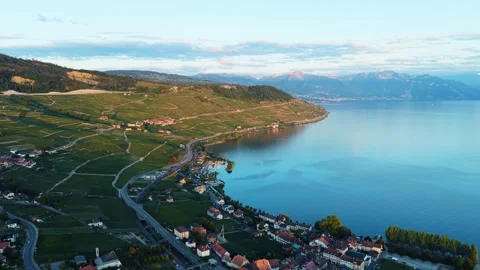 Aerial view of Cully vineyards and Lake Geneva, Switzerland. Stock-Footage 346616319