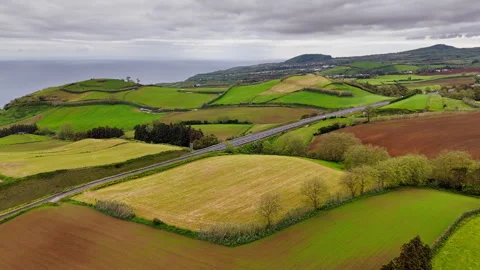 Aerial view of cultivated fields and pastures on Sao Miguel Island, Azores Video stock 336852228