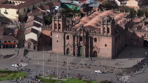 Aerial view of Cusco Cathedral and Plaza de Armas, Peru. Stock Footage 345005172
