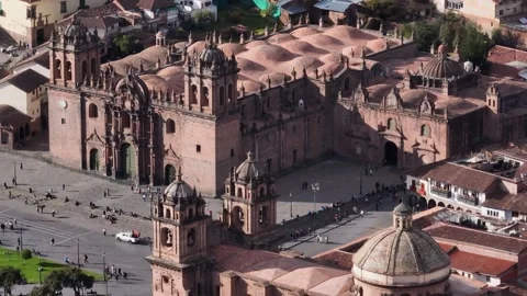 Aerial view of Cusco Cathedral and Plaza de Armas, Peru. Stock Footage 345005173