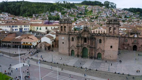 Aerial view of Cusco's Cathedral at the main square plaza. Stock Footage 106537925