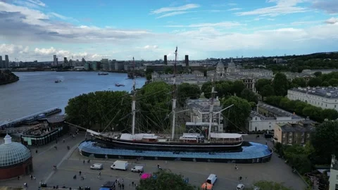 Aerial view of the Cutty Sark ship in Greenwich Stock Footage 279599375