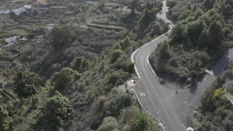 Aerial view of cyclist in an empty mountain road with some curves and trees. Video stock 151219307