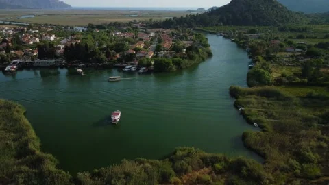 The aerial view of Dalyan river and Dalyan city in Turkey - boat isolated. Stock Footage 201424815