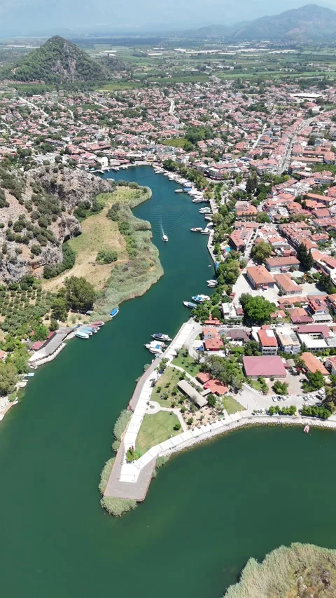 Aerial view of Dalyan river and city, Muğla, Turkey Stock Footage 336329891