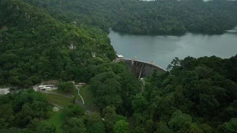 Aerial View of Dam Surrounded by Lush Green Forest and Water Body Stock Footage 311575339