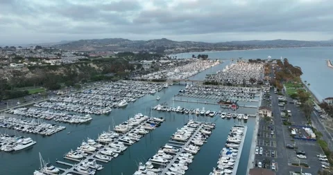 Aerial view of Dana Point Harbor marina boats in Orange County California Stock Footage 336398765