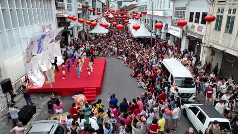 Aerial view of dance stage during miaohui festival Видео 327807959
