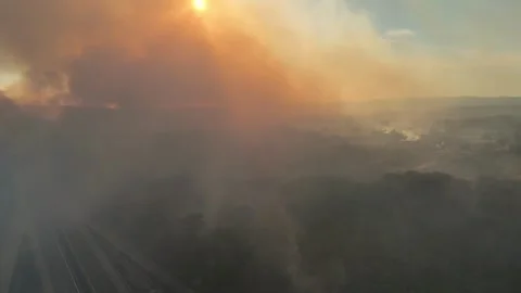 Aerial view of dangerous fire in the forest close to highway and village. Stock Footage 294073879