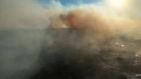 Aerial view of dangerous fire in the forest close to highway and village. Stock Footage 294074169