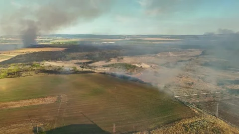 Aerial view of dangerous fire in the forest close to highway and village. Stock Footage 294074460