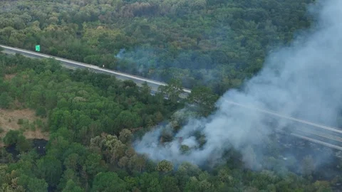 Aerial view of dangerous fire in the forest close to highway and village. Stock Footage 294077047