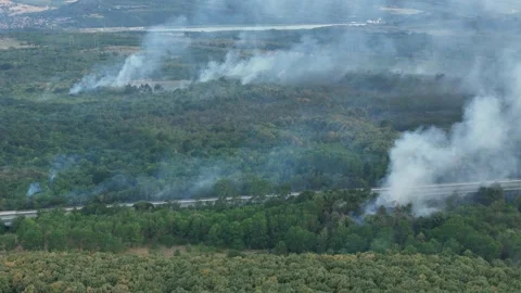 Aerial view of dangerous fire in the forest close to highway and village. Stock Footage 294077062