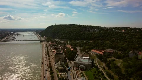 Aerial view of the Danube river and bridges of the city Budapest Stock Footage 161330957