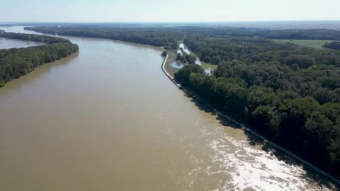 Aerial view of Danube River flooding, natural disaster, drone footage, 4k Stock Footage 342939764