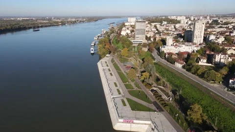 Aerial view of Danube River passing near City of Ruse and Danube River Stock Footage 149743294