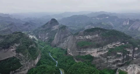 Aerial View of Danxia Landform in Cloudy Day Stock Footage 218300679