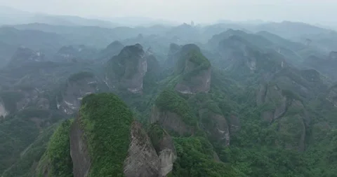 Aerial View of Danxia Landform in Cloudy Day Stock Footage 219371660