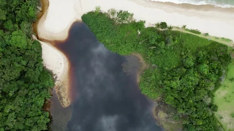 Aerial View of Dark Lagoon, Sandy Beach and Turquoise Ocean, Brazil Stockbeeldmateriaal 334614087