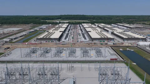 Aerial view of the data AI center construction site, buildings and power station Stock Footage 336519531