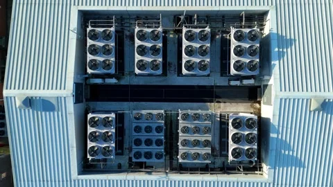 Aerial view of data center and cooling system, fans HVAC quantum computing Stock Footage 326166729