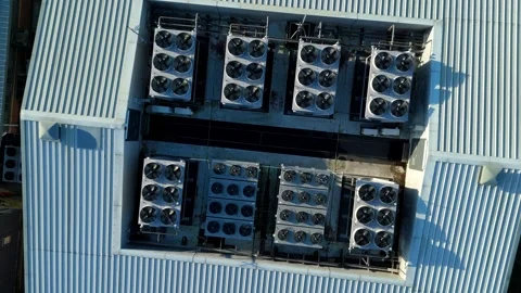 Aerial view of data center and cooling system, fans HVAC quantum computing Stock Footage 326166740