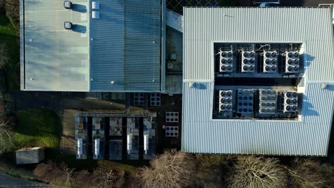 Aerial view of data center and cooling system, fans HVAC quantum computing Stock Footage 326166753