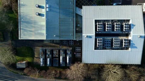 Aerial view of data center and cooling system, fans HVAC quantum computing Stock Footage 326166762