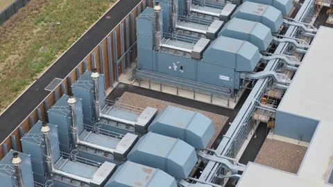 Aerial View of Data Center Backup Generators Stock Footage 342077483