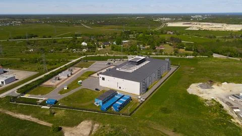 Aerial view of data center complex and electrical substation Stock Photos