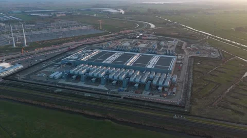 Aerial view of data center construction site at sunset Video stock 332849932