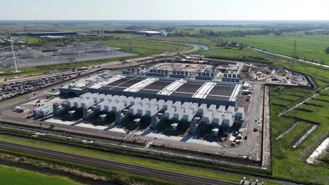 Aerial view of data center construction site and power substation 스톡 동영상 333412376