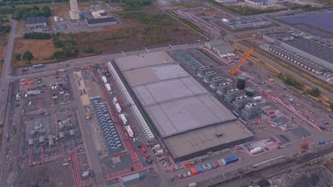 Aerial view of data center construction site and cooling towers Stock Footage 342812782