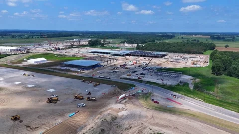 Aerial view of data center construction site in Saline Michigan with machinery Stock Footage 348773853