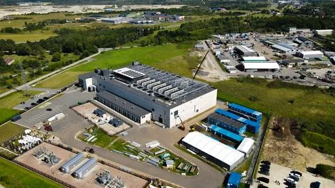 Aerial view of data center construction with cooling systems and heavy equi.. Stock Photos