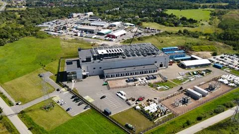 Aerial view of data center construction and technological infrastructure Stock Photos