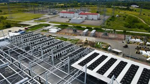 Aerial view of data center construction with cooling systems and power subs.. Stock-Fotos