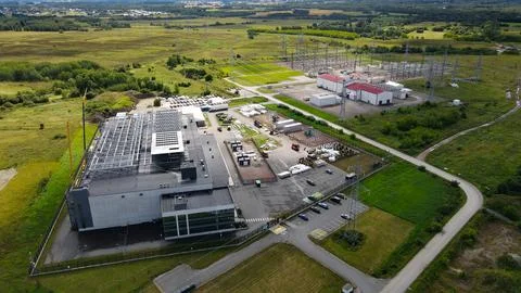 Aerial view of data center construction and electrical substation Stock Photos