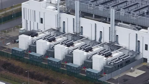 Aerial view of data center cooling and power systems Stock Footage 327331708