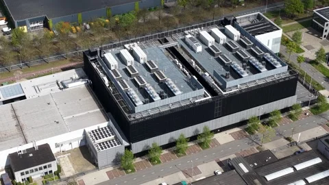 Aerial view of data center with cooling systems on the roof Stock Footage 336617956