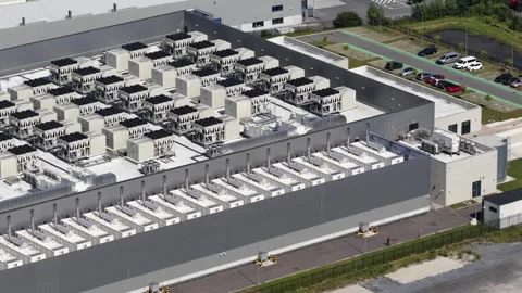 Aerial view of data center cooling systems on roof Stock Footage 337448366