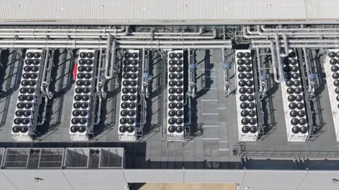 Aerial View of Data Center Cooling Infrastructure Stock Footage 337528085