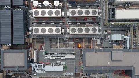 Aerial view of data center cooling fans in London, United Kingdom. Stock Footage 337865395