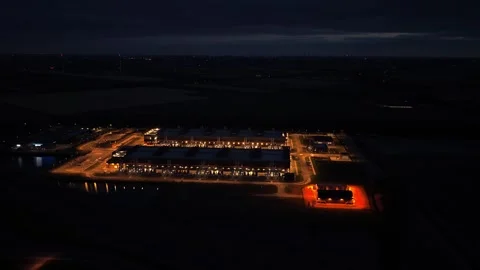 Aerial view of data center with cooling towers at night Stock Footage 340350055