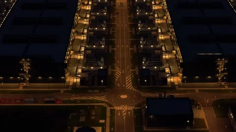 Aerial view of data center with cooling towers at night Stock Footage 340350065