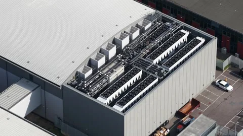 Aerial view of data center cooling system on rooftop Stock Footage 340412468